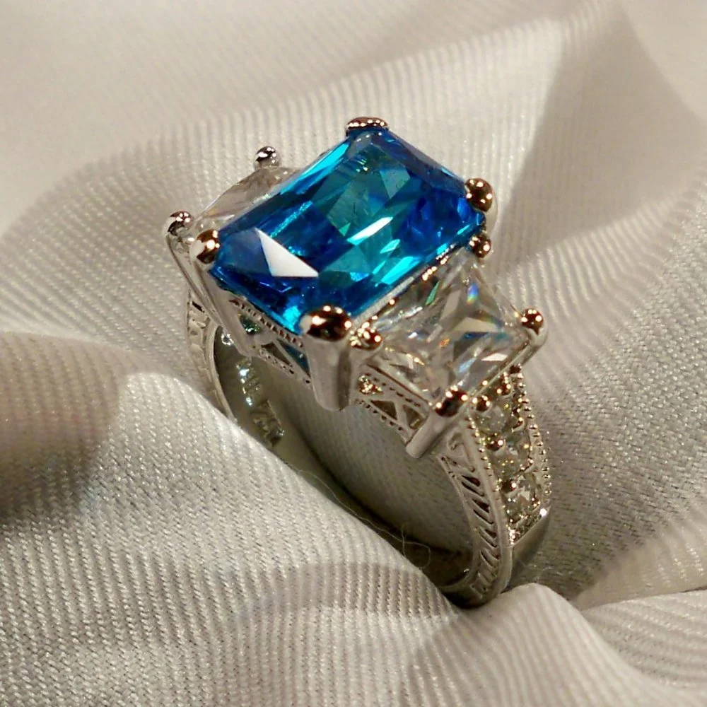 NEW Radiant Cut Blue Cubic Zirconias Silver DESIGNER Ring